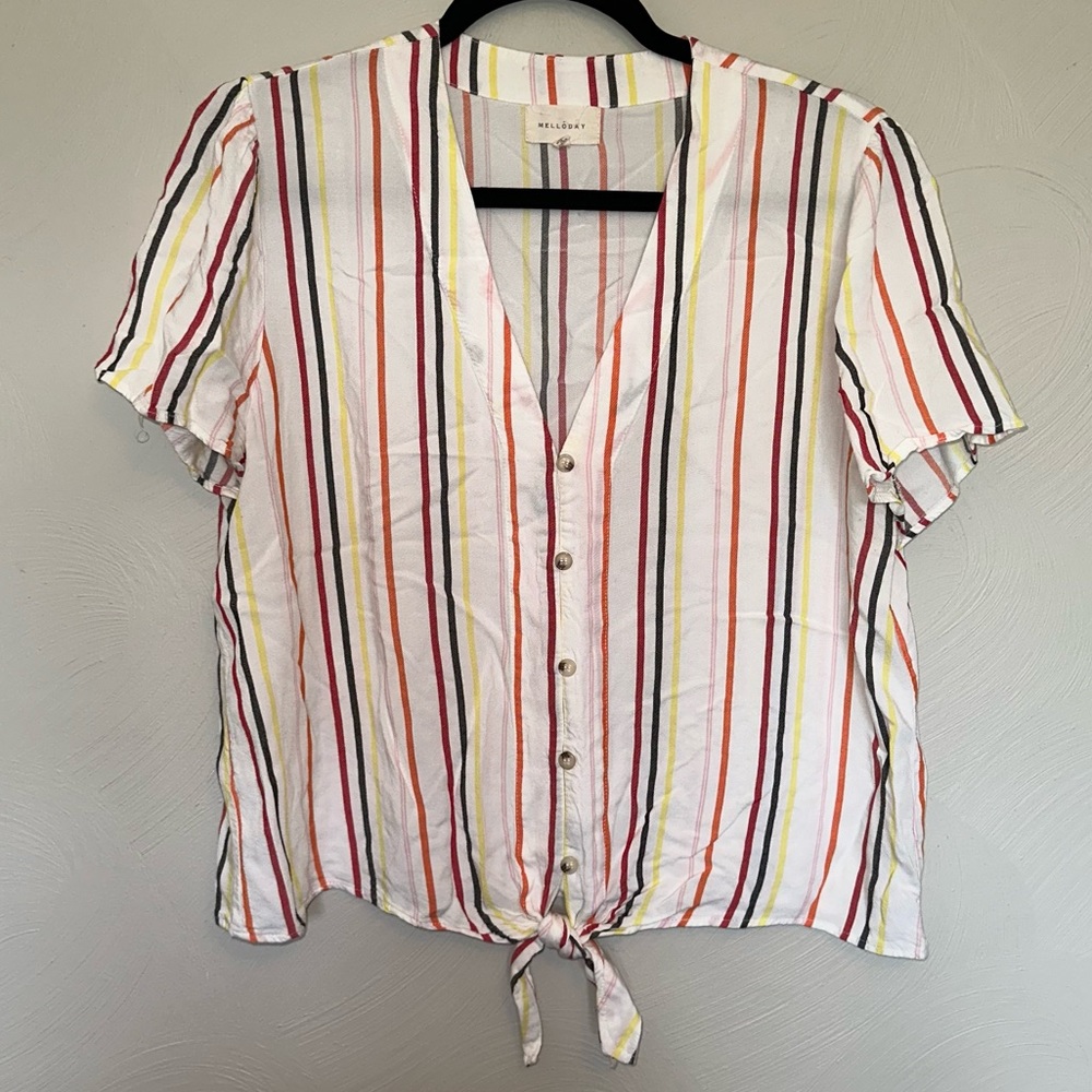Mello Day Rayna Tie Front V-Neck Top with Vertical Stripes